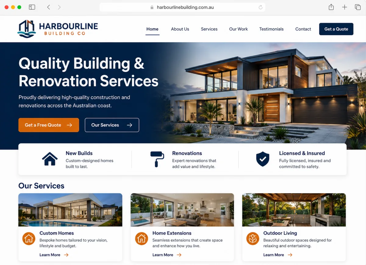 Example builder website mockup for Harbourline Building Co
