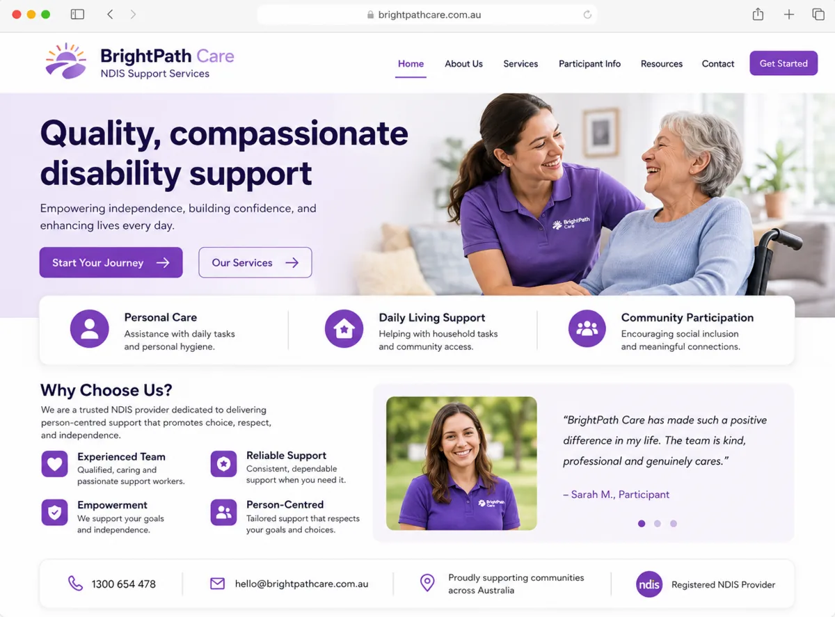 Example disability support website mockup for BrightPath Care